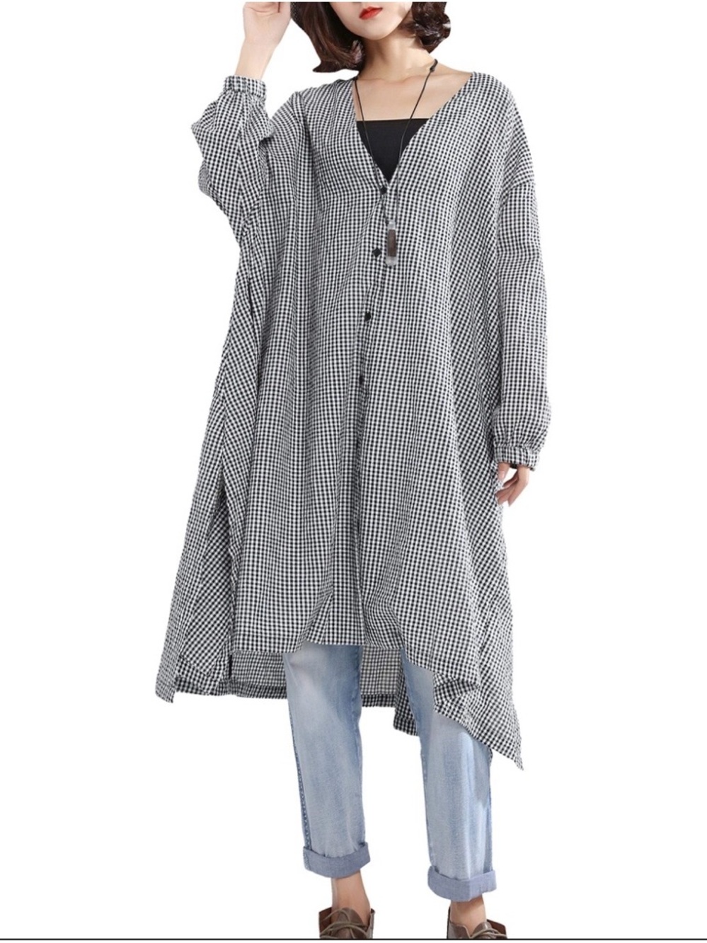 ELLA ZHU Oversized Black & White Gingham Midi Dress